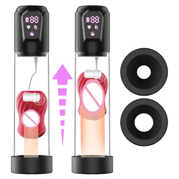 LCD elektrická vakuová pumpa na penis s růžovým návlekem a 5 režimy sání